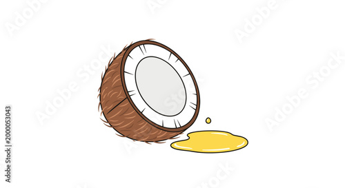 Freshly cut coconut half with golden coconut milk spilling onto a white background, isolated.
