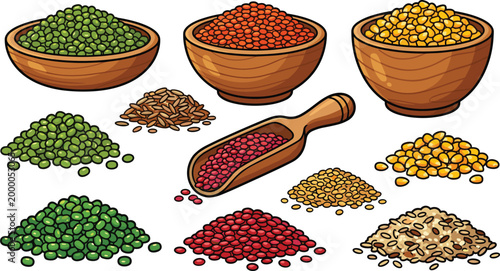 Legumes and Grains Illustration Set with Lentils, Peas, Beans, and Seeds in Wooden Bowls and Scoops for Organic Food, Nutrition, and Cooking Design Projects