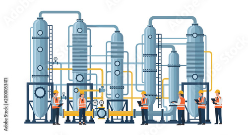Engineers with clipboards reviewing plans at a modern oil refinery complex with distillation towers and intricate piping.