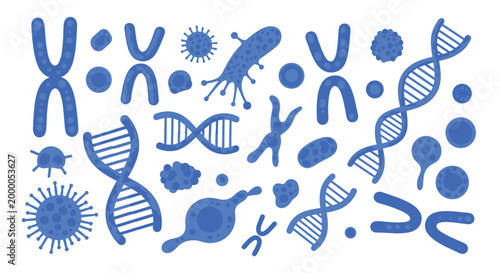 Blue biological icons depicting chromosomes, DNA, and microorganisms arranged on a clean white background for scientific illustration.