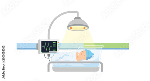 A newborn infant rests peacefully in a clear medical incubator, illuminated by a heat lamp with a vital signs monitor.