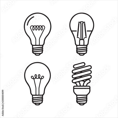 Light Bulb Vector Line Art Icon Set, Electric Lamp Collection for Creative Ideas and Energy Solutions