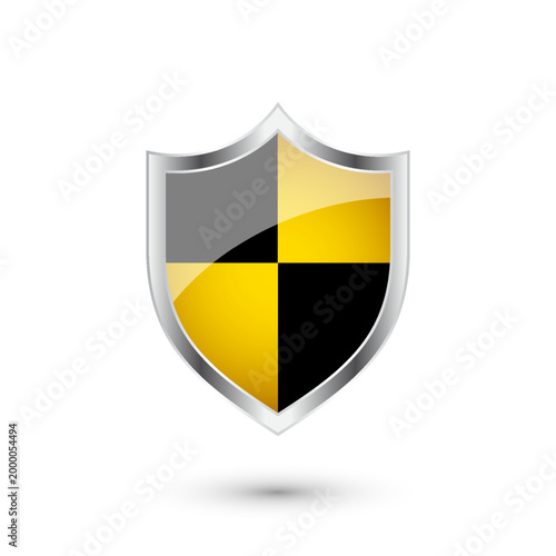 Glossy shield with yellow and black pattern. Security and protection concept. Cyber safety icons, internet privacy, web defense, digital data protection and antivirus themes. Vector illustration