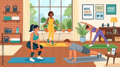 People exercising at home indoors.