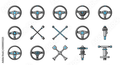 Outline Steering Wheel and Cross Wrench Auto Parts Set