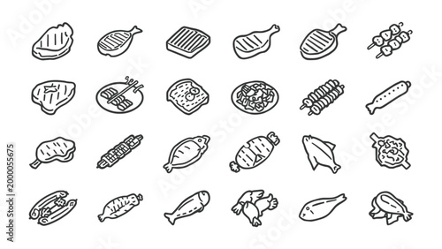 Fotografie Gourmet Meal Elements: A collection of meticulously illustrated culinary delights, each emblem a tantalizing promise of flavor and satisfaction
