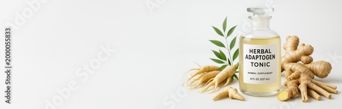 Herbal adaptogen tonic bottle with ginseng and ginger roots arranged on light background with copyspace for product promotion and branding mockup. Ai generative