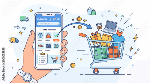 Hand holding smartphone with shopping app.