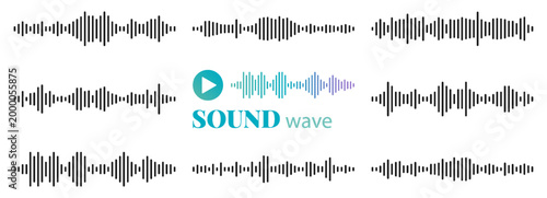 Audio wave bars collection. Sound frequency patterns with varied amplitudes. Black waveform lines for podcast, music equalizer, voice recorder, player interface. Digital media UI element. Vector.