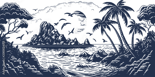 Vintage retro woodcut style engraving gravure seascape landscape tropical illustration island background