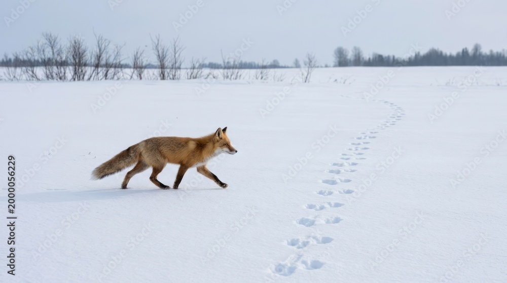 Naklejka premium Fox Walking in Snowy Landscape Fox Snow Winter Wildlife Paw Prints Nature Animal. Concept featuring fox, snow, winter, wildlife, paw prints for professional commercial design.