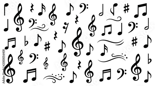 A collection of various black musical notes and symbols scattered across a plain white background