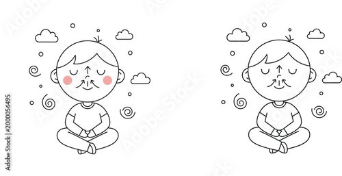Cute Boy Practicing Mindfulness Breathing and Meditation Vector Illustration - Colored and Line Art Set for Kids Coloring Page, Yoga and Calmness Concept, Isolated on White Background