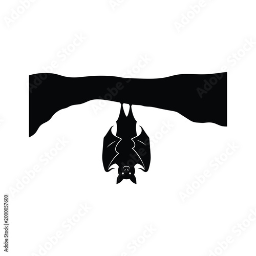 Bat silhouette vector illustration with line art wings halloween hanging upside down in cave.