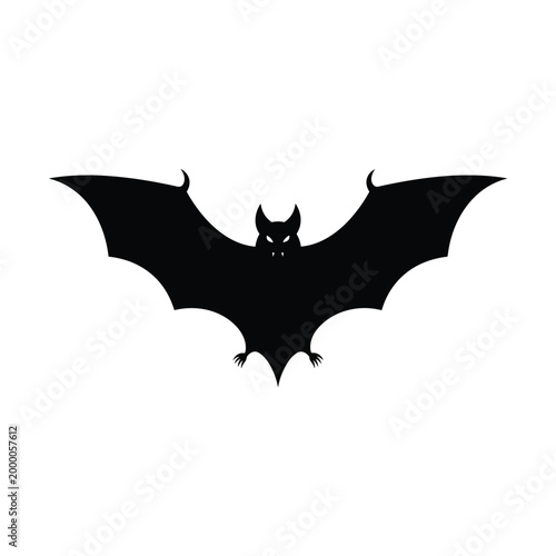 Bat vector silhouette illustration with fangs and pointy ears isolated on white background.