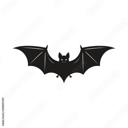 Bat vector silhouette illustration with glowing eyes and fangs isolated on white background.