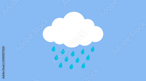 A white cloud with raindrops falling from it on a blue background