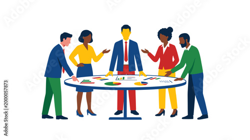 Diverse business team collaborating around a table with charts and graphs