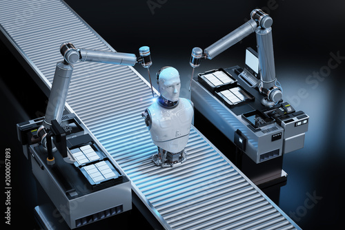 Robot assembly line producing cyborg in factory
