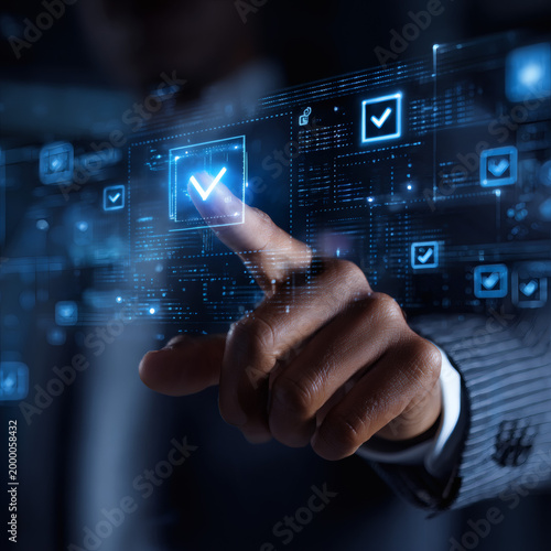 Human hand interacting with virtual check boxes on glowing digital panel for verification.