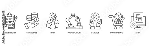 ERP banner web icon illustration with icon of inventory, financials, hrm, production, service, purchasing, mrp