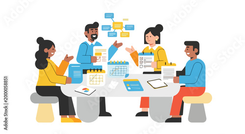 Four colleagues sit at a conference table, actively discussing and organizing their workflow with various charts, calendars, and documents.