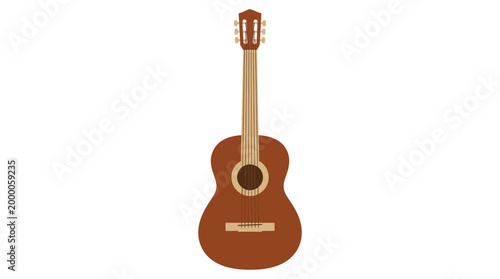 A brown acoustic guitar with a light brown neck and fretboard is standing upright on a plain white background