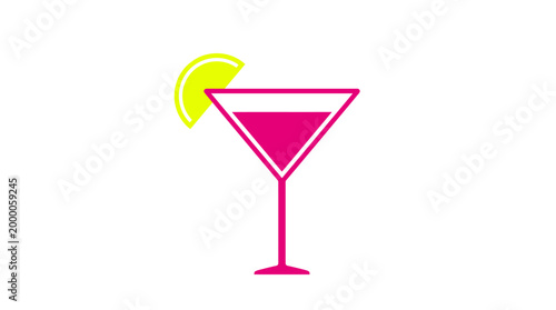 A pink cocktail glass with a lemon wedge on the rim against a white background