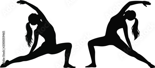 Two black silhouettes of women doing yoga warrior pose