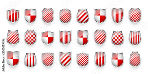 Glossy shields with red and black white. Security and protection concept. Cyber safety icons, internet privacy, web defense, digital data protection and antivirus themes. Vector illustration