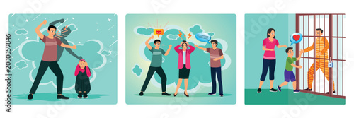 Domestic violence concept. Youth violence. Dad in prison.