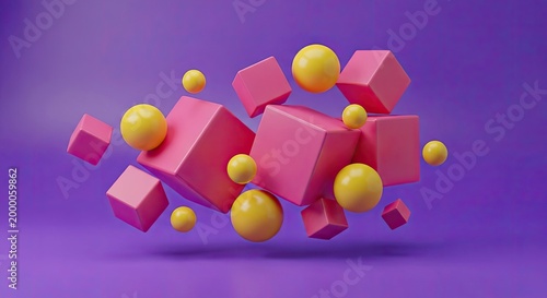 Dynamic 3D render of floating pink cubes and yellow spheres on a vibrant purple background. Abstract geometric shapes.