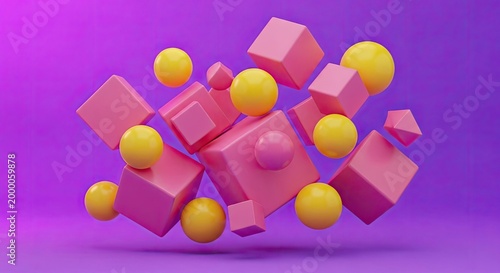 Dynamic 3D abstract composition of floating pink cubes and yellow spheres on a vibrant purple background. Modern geometric shapes.