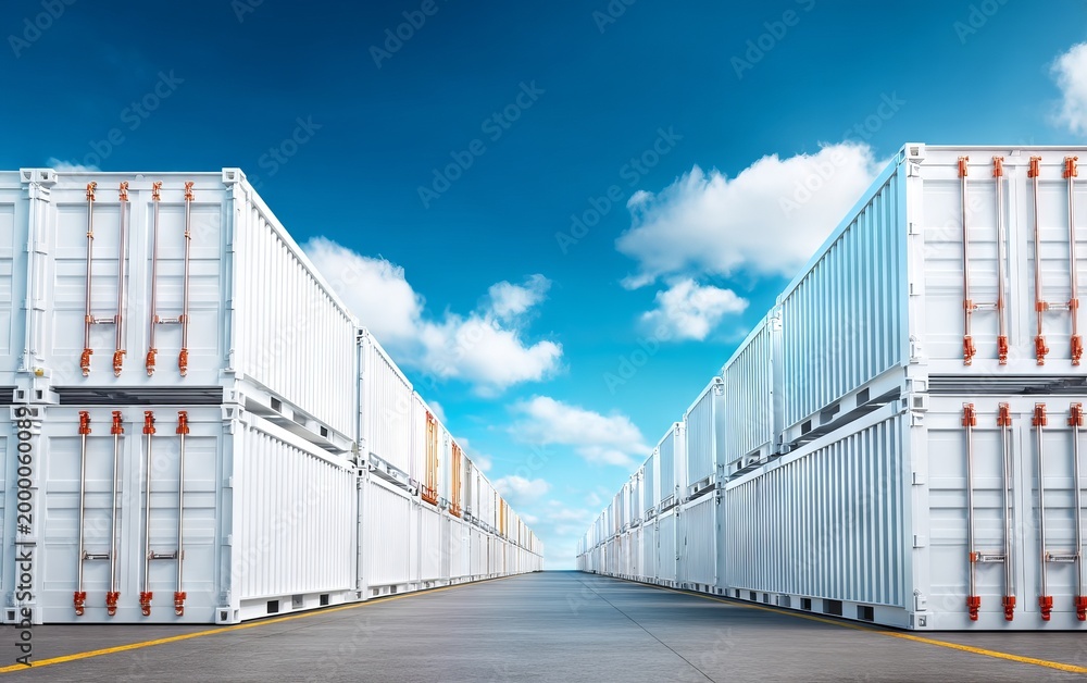Fototapeta premium Perspective View of Aligned Shipping Containers Under Blue Sky