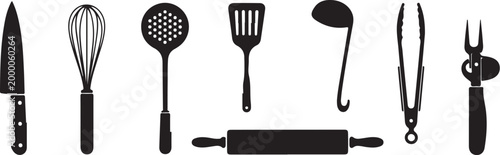 Black kitchen utensils on white background cooking tools