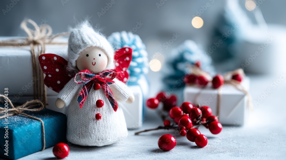 Obraz premium Christmas Angel Figurine with Gifts and Decorations in Festive Setting