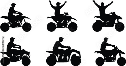 Silhouette ATV rider collection showing quad bike action poses offroad adventure motorsport recreation isolated on white background studio vector design
