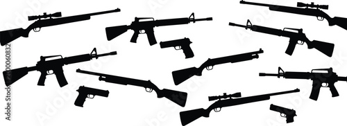 Silhouette firearms collection, rifles and pistols, weapon icons, hunting rifles, tactical guns, military firearms, handgun silhouettes, black weapon shapes