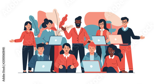 This diverse group of professionals and students is working together with their laptops in a modern, collaborative office or educational setting.