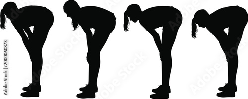 Silhouette exhausted person resting posture, fatigue recovery scene, tired athlete illustration, physical exertion concept, sports exhaustion, workout break, recovery moment