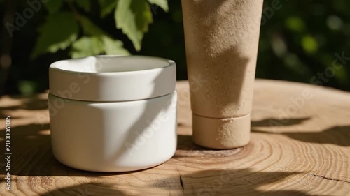Natural Skincare Products - Cream Jar and Tube on Wooden Surface.
