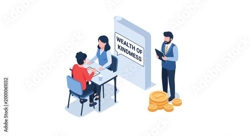 Isometric illustration of financial advisors discussing wealth management strategies with clients at a table.