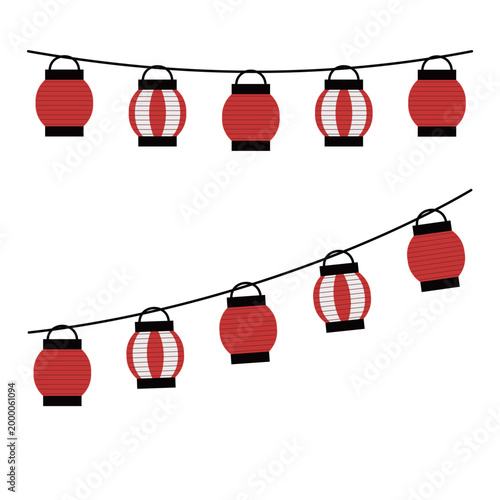 無地の赤提灯と紅白模様の提灯が交互に並んでいる夏祭りの装飾用イラスト