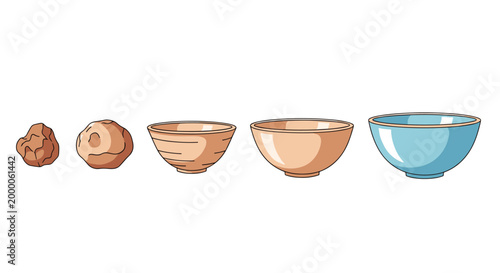 A sequence of five items showing the evolution of pottery from a raw lump of brown clay to a finished glazed blue bowl on a clean white background.