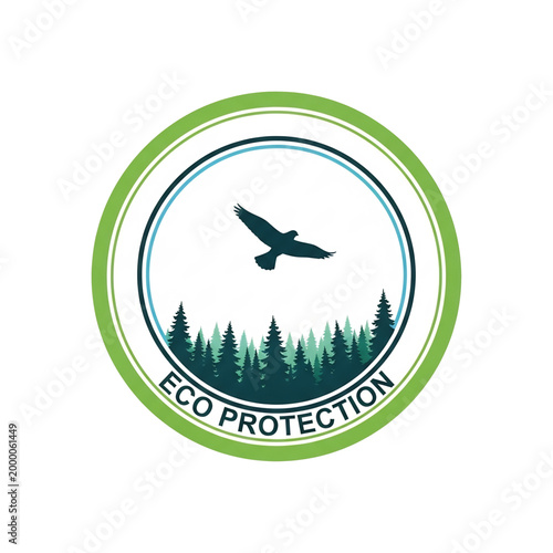 Eco protection badge with forest and bird representing nature conservation.
