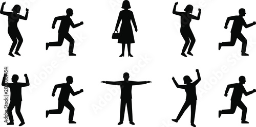 Collection of business and casual people silhouettes showing running dancing standing and professional poses isolated on white background