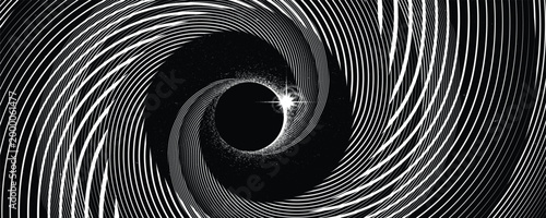 Black hole with disc of plasma eating dying star in space. Supermassive singularity in core off a galaxy, with spiral lines . Event horizon .Vector illustration