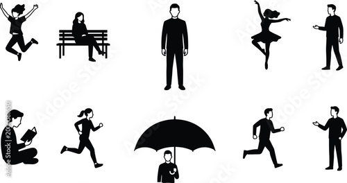 Collection of human silhouette activities including jumping running reading sitting dancing and umbrella protection isolated on white background