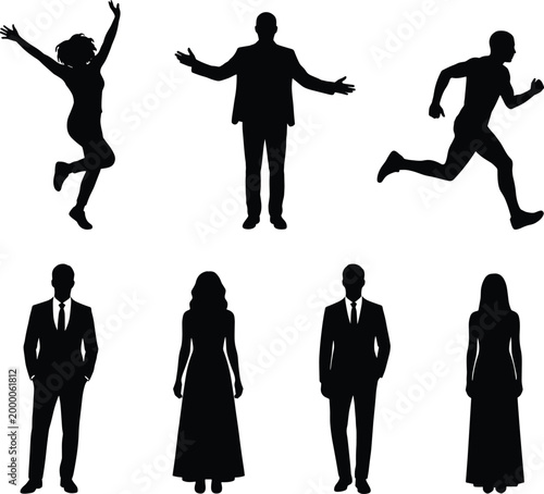 People silhouettes collection with business professionals and active figures running jumping and standing isolated on white background