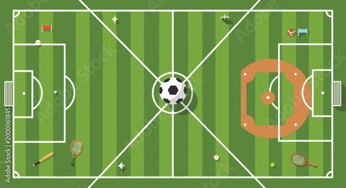 A high-angle illustration of a multipurpose athletic field displays a soccer ball, various tennis equipment, and a baseball diamond pattern on a striped green grass background.